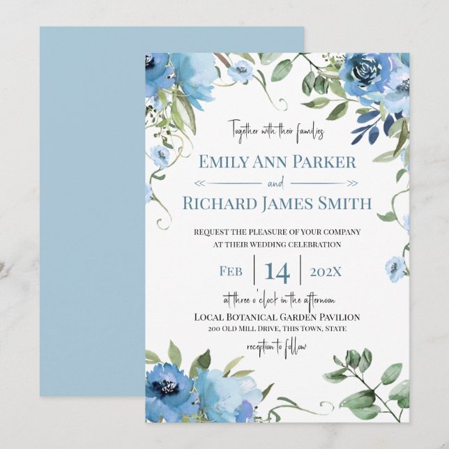 Blue and Sage Watercolor Floral Wedding Invitation (Front/Back)