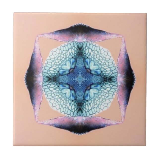 Blue and salmon square hearts ceramic tile (Front)