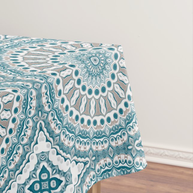 Blue and Sand Decorative Mandala Pattern Tablecloth (In Situ)