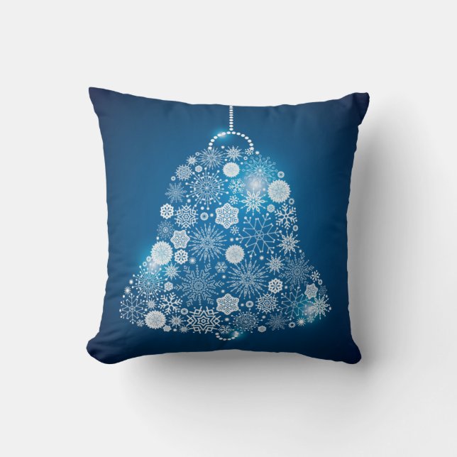 Blue and Shinning White Snowflakes Christmas Bell Throw Pillow (Front)