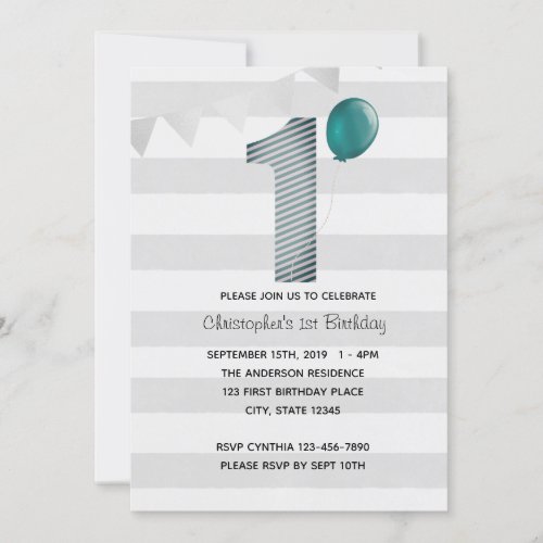 Blue and Silver 1st Birthday Boy Invitation