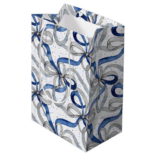 Blue and Silver Abstract Ribbons Medium Gift Bag (Back Angled)