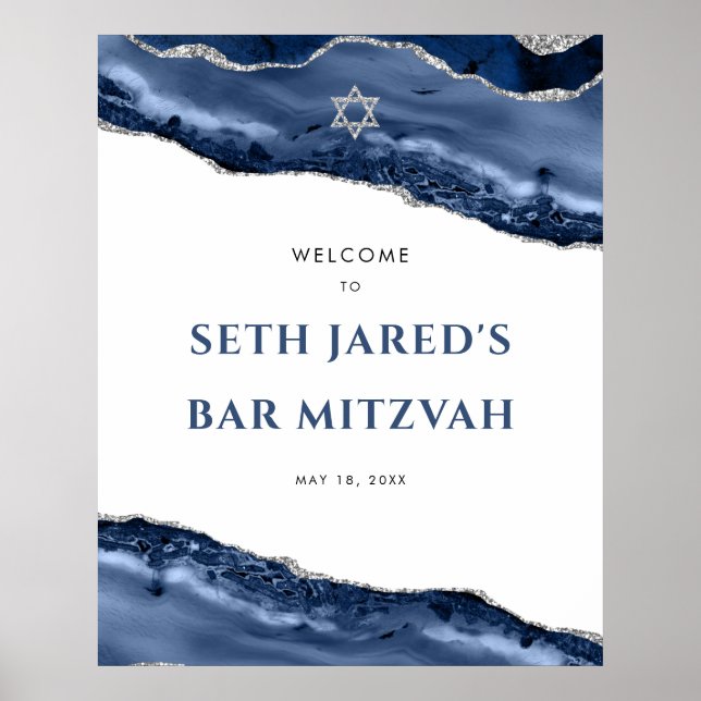 Blue and Silver Agate Border Bar Mitzvah Welcome  Poster (Front)