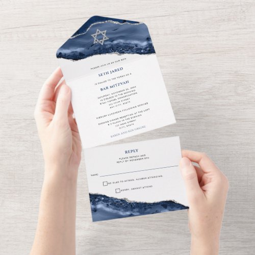 Blue and Silver Agate Geode Rock Bar Mitzvah All In One Invitation
