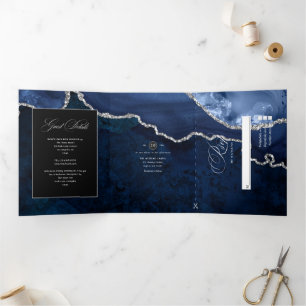 Blue and Silver Agate Wedding Tri-Fold Invitation