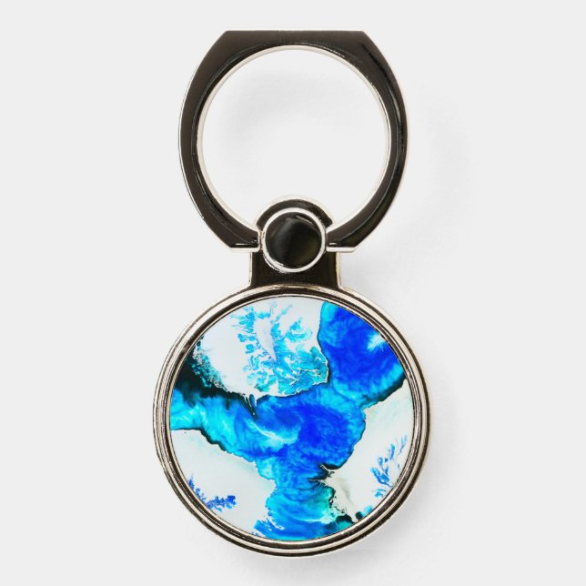 Blue and Silver Alcohol Ink Abstract Phone Ring Stand (Front)
