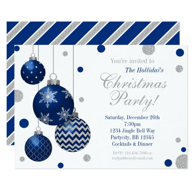 Blue And Silver Baubles Christmas Party Invitation