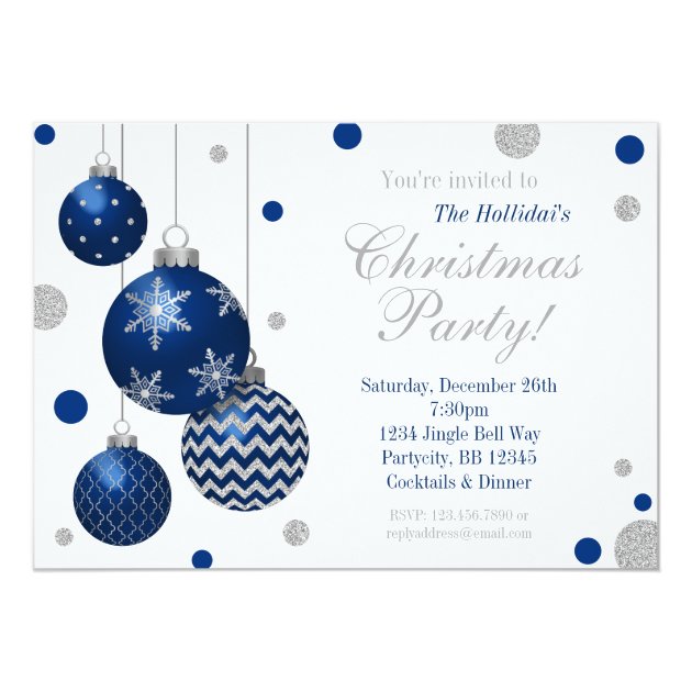 Blue And Silver Baubles Christmas Party Invitation
