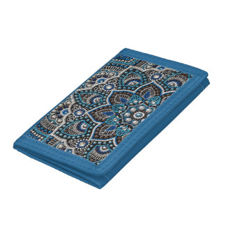 Blue and silver boho mandala, dot art tri-fold wallet