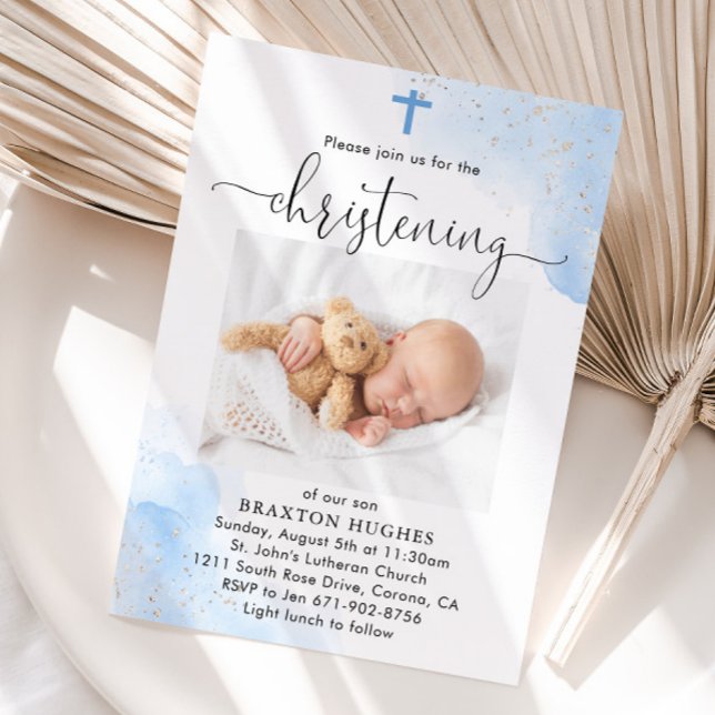Blue and Silver Boy Christening Baptism Invitation (Creator Uploaded)