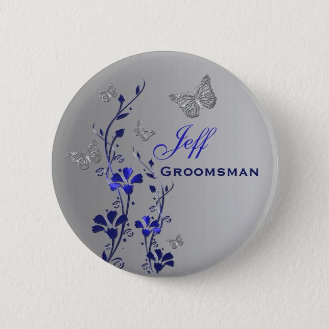 Blue and Silver Butterfly Floral Groomsman Pin (Front)