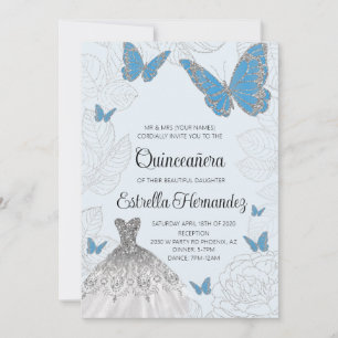 Blue and Silver Butterfly Quinceanera Invitation