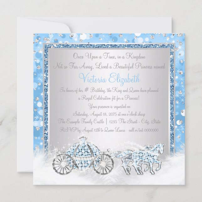 Blue and Silver Cinderella Princess Birthday Party Invitation (Front)