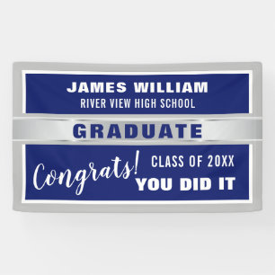 Blue and Silver Congrats Class of 20XX Graduation Banner