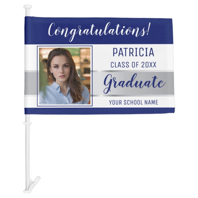 Blue And Silver Congratulations Grad Photo Car Flag (Front)