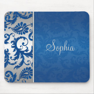 Blue and Silver Damask Mousepad