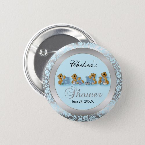 Blue and Silver Damask Teddy Bears  Baby Shower Button