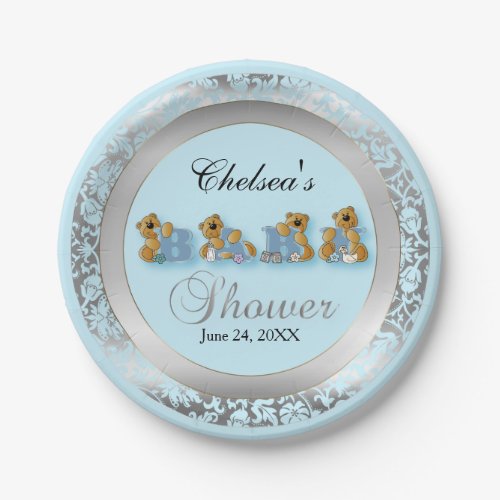 Blue and Silver Damask with Teddy Bears Paper Plates