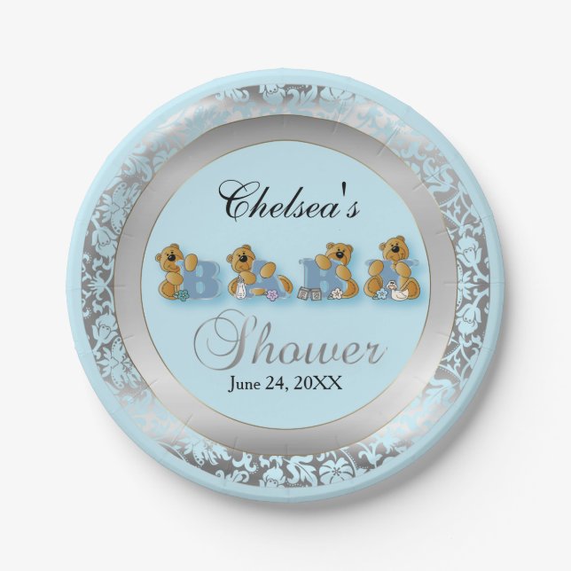 Blue and Silver Damask with Teddy Bears Paper Plates (Front)
