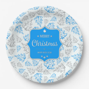 Blue and Silver Elegant Christmas Trees Pattern Paper Plates