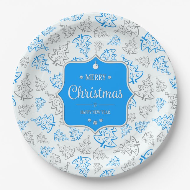 Blue and Silver Elegant Christmas Trees Pattern Paper Plates (Front)