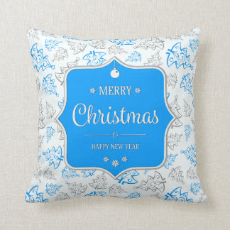 Blue and Silver Elegant Christmas Trees Pattern Throw Pillow