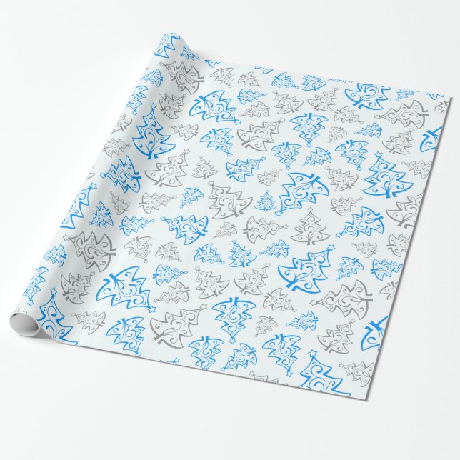 Blue and Silver Elegant Christmas Trees Pattern Wrapping Paper (Unrolled)