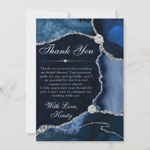 Blue and Silver Faux Glitter Agate Bridal Shower Thank You Card