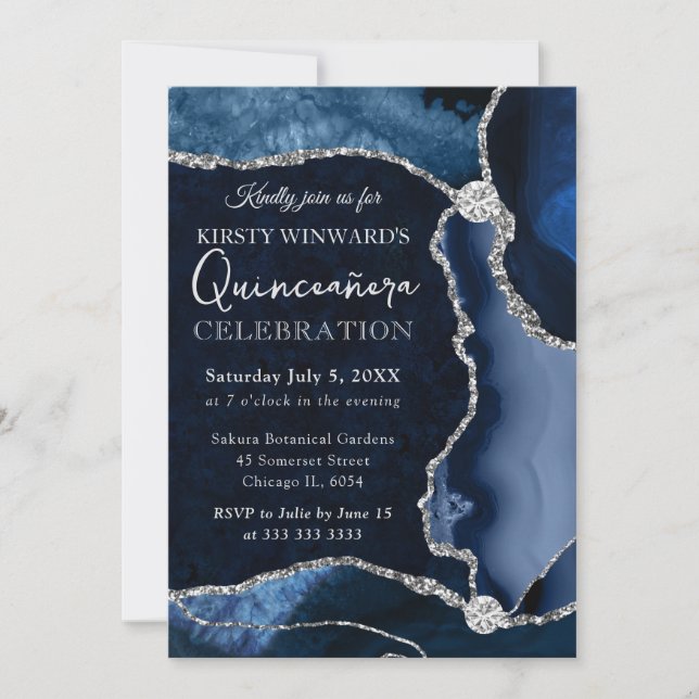 Blue and Silver Faux Glitter Agate Quinceanera Invitation (Front)