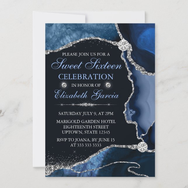 Blue and Silver Faux Glitter Agate Sweet Sixteen Invitation (Front)