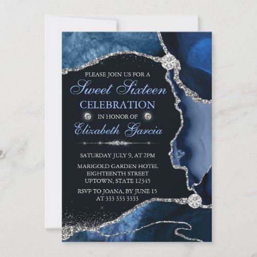 Blue and Silver Faux Glitter Agate Sweet Sixteen Invitation