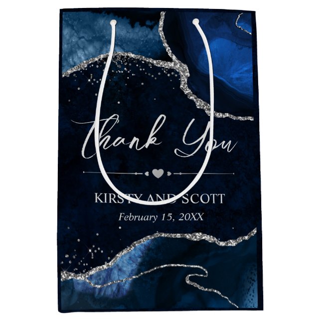 Blue and Silver Faux Glitter Agate Wedding Medium Gift Bag (Front)