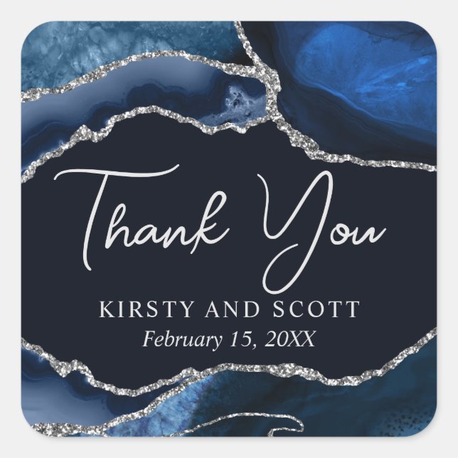 Blue and Silver Faux Glitter Agate Wedding Square Sticker (Front)