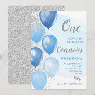 Blue and Silver First Birthday Invitation