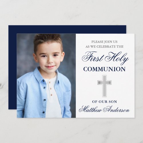 Blue and Silver First Holy Communion Photo Invitation
