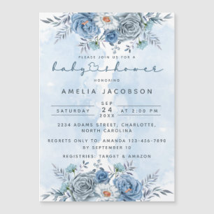 Blue and Silver Floral Baby Shower Magnet Invite
