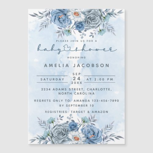 Blue and Silver Floral Baby Shower Magnet Invite