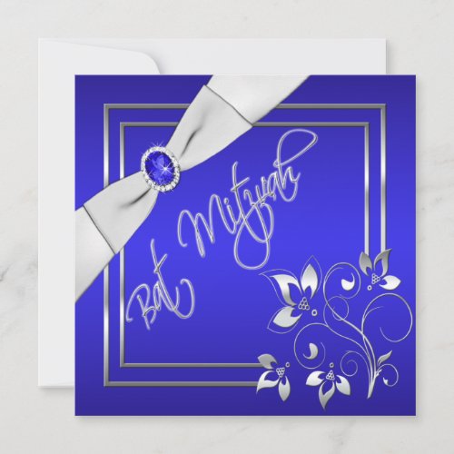 Blue and Silver Floral Bat Mitzvah Invitation