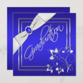 Blue and Silver Floral Photo Graduation Invitation (Front/Back)