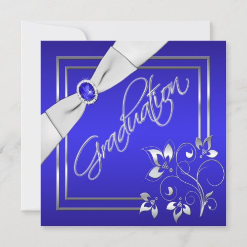 Blue and Silver Floral Photo Graduation Invitation