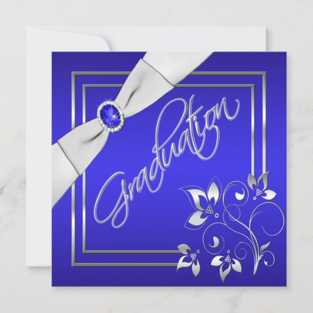 Blue and Silver Floral Photo Graduation Invitation (Front)