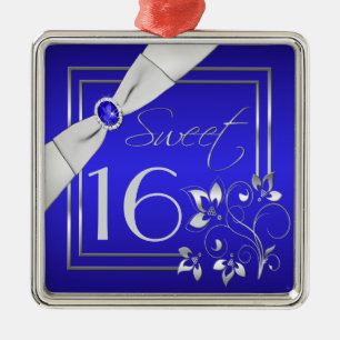 Blue and Silver Floral Sweet Sixteen Ornament