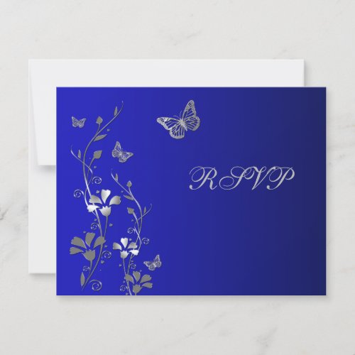 Blue and Silver Floral with Butterflies Reply Card Invites