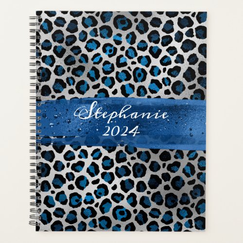 Blue and Silver Foil Leopard Brush Stroke Planner