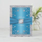 Blue and Silver Foil Monogram Wedding Invitation (Standing Front)