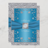 Blue and Silver Foil Monogram Wedding Invitation (Front/Back)