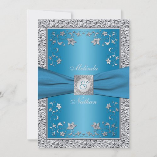 Blue and Silver Foil Monogram Wedding Invitation