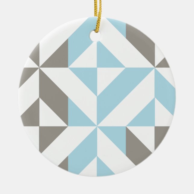 Blue and Silver Geometric ZigZag Ceramic Ornament (Front)