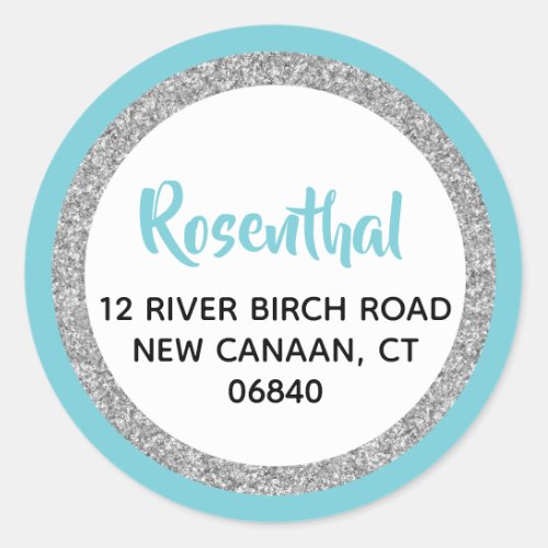 Blue and Silver Glitter Address Classic Round Sticker