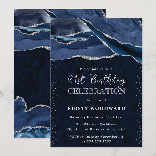 Blue and Silver Glitter Agate 21st Birthday Invitation (Front/Back)